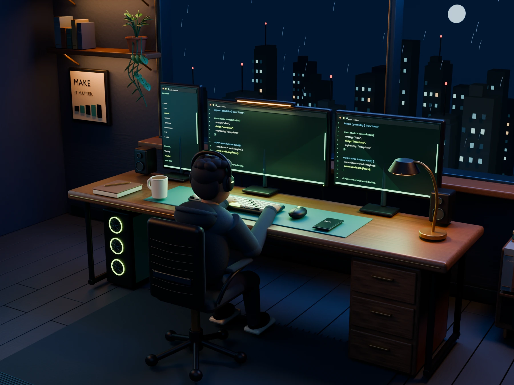 A close-up of the custom Blender studio: glowing code, a warm desk lamp, and the programmer at work.